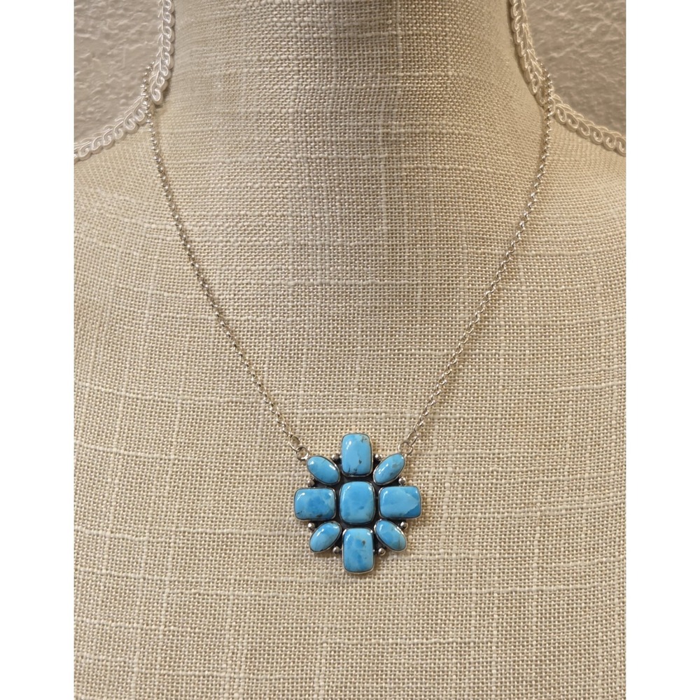 Vintage Sterling Silver Turquoise Cluster Necklace Turquoise Trading Network 20"